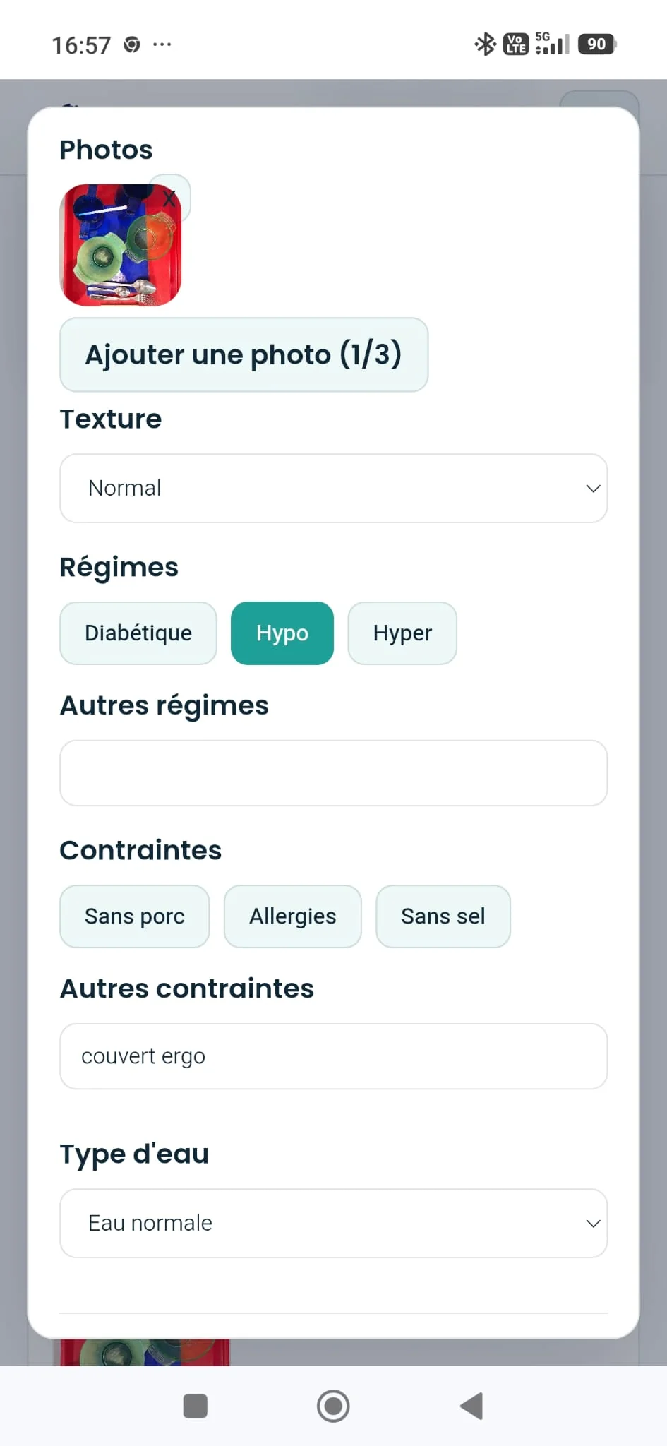 Modification de la section repas du profil résident