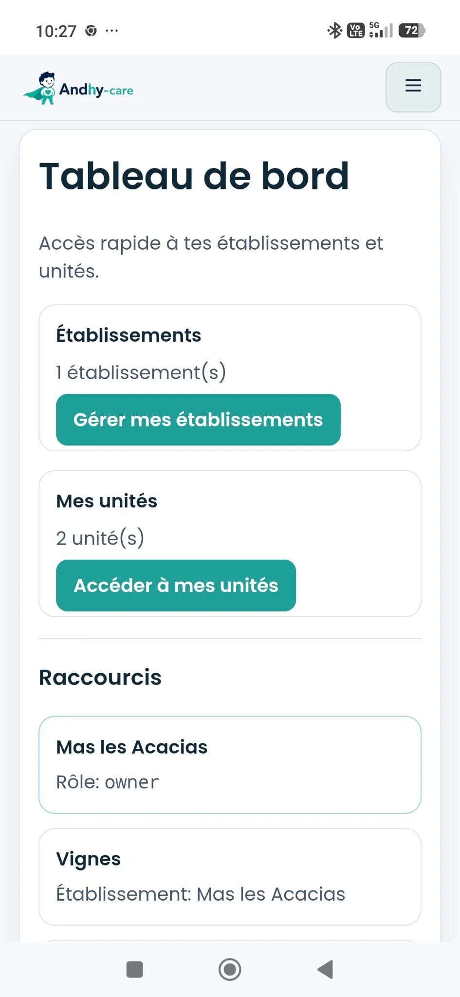 Tableau de bord avec établissements, unités et raccourcis