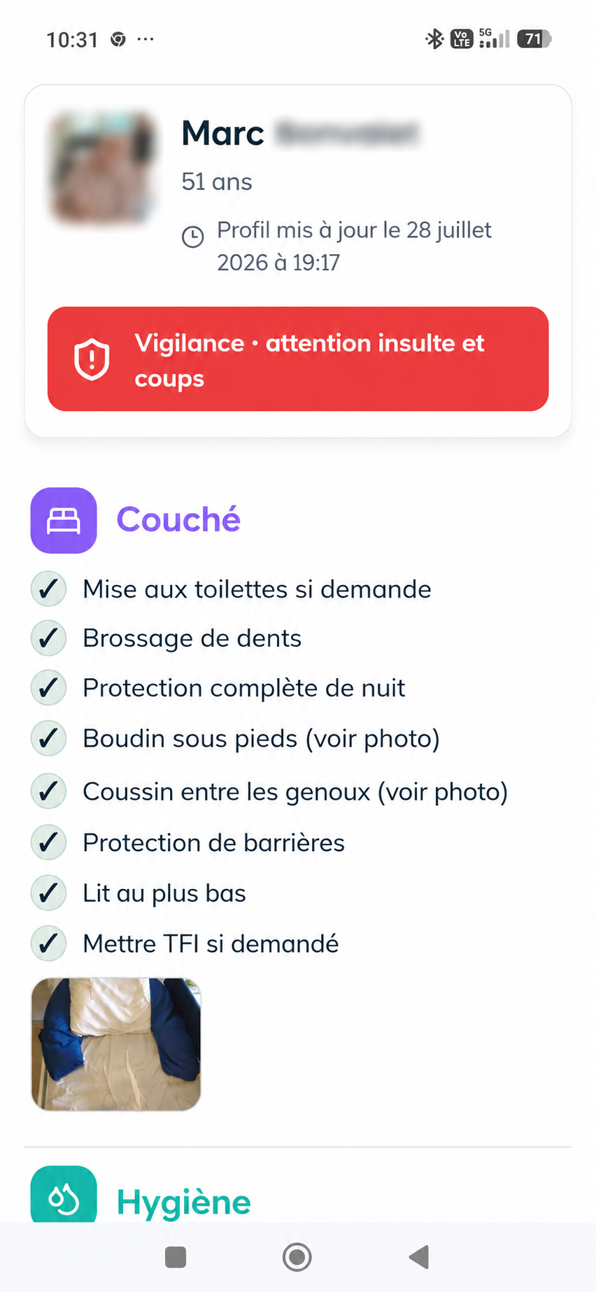 Section coucher avec les consignes du soir