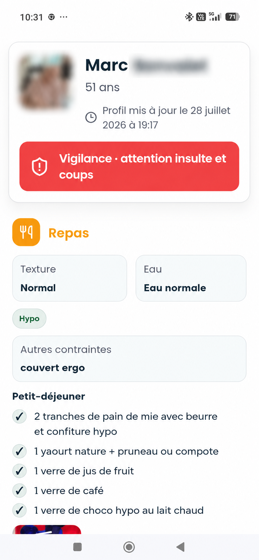 Section repas du profil public avec les préférences et le menu du petit-déjeuner