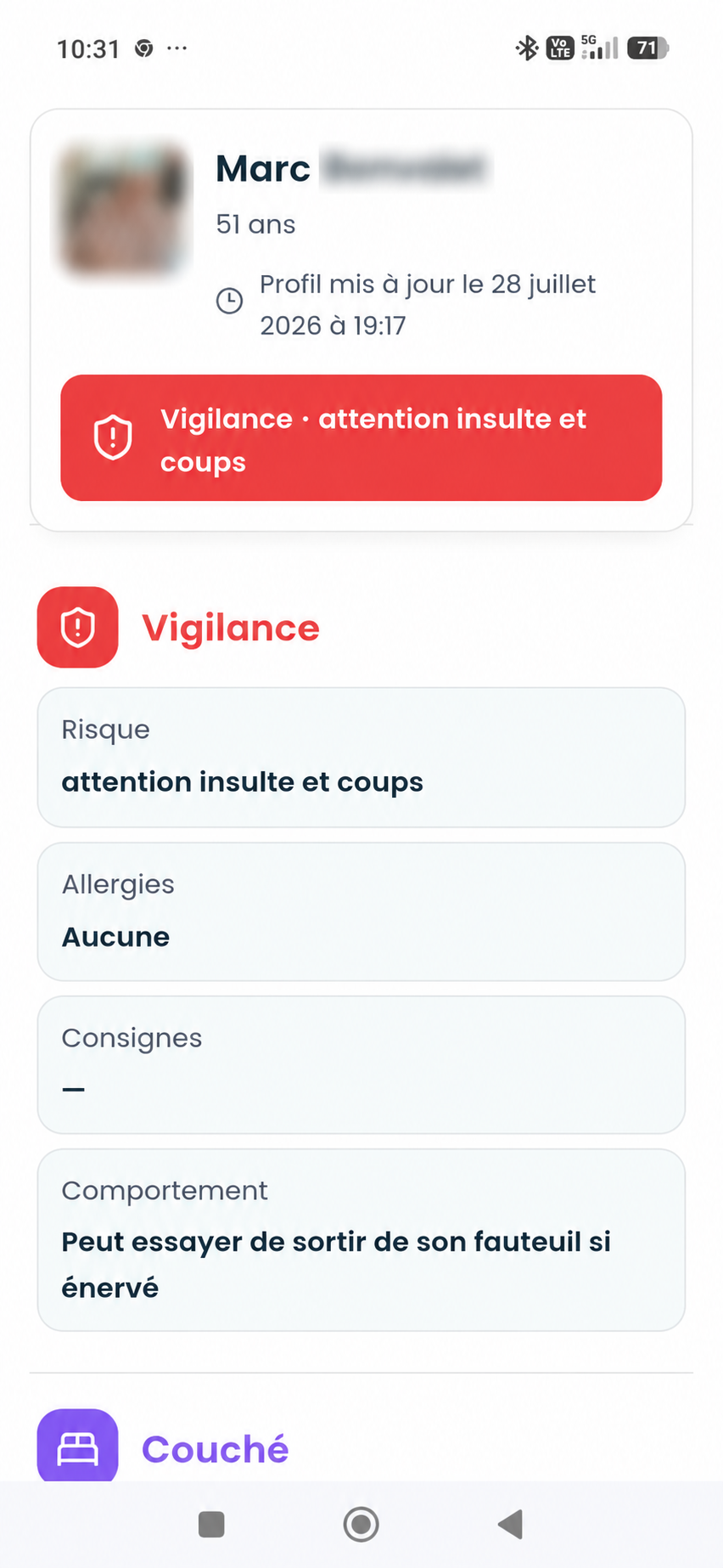 Section vigilance avec les risques et points d’attention du résident